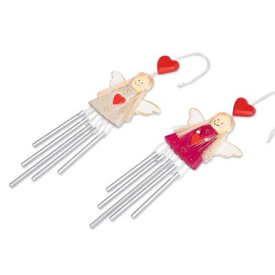Alternate image for 2 Angel and Heart-Themed Wood and Natural Fiber Wind Chimes Twinning Hearts