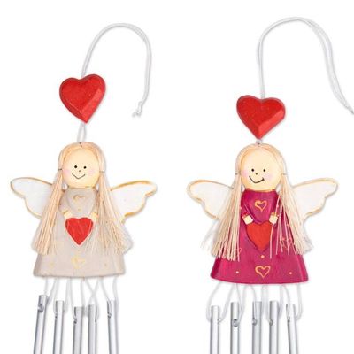 Alternate image for 2 Angel and Heart-Themed Wood and Natural Fiber Wind Chimes Twinning Hearts