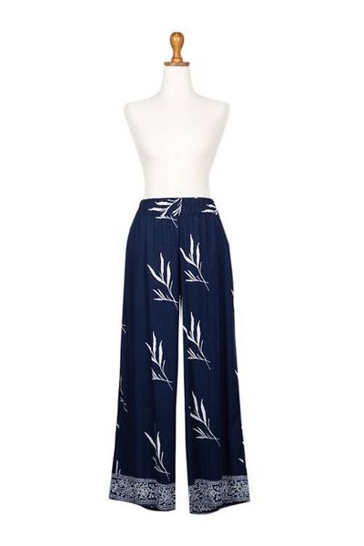 Alternate image for Indonesian Batik Rayon Pants with Floral and Leaf Motifs Midnight Roots
