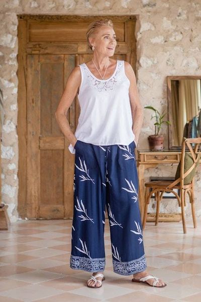 Alternate image for Indonesian Batik Rayon Pants with Floral and Leaf Motifs Midnight Roots