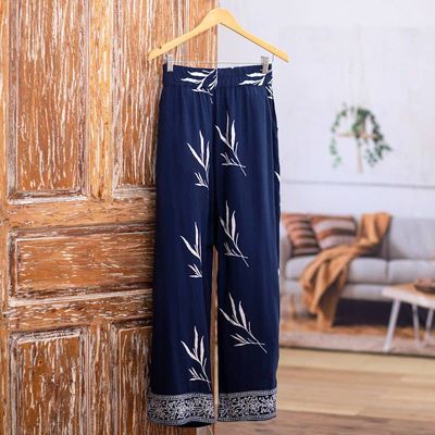 Alternate image for Indonesian Batik Rayon Pants with Floral and Leaf Motifs Midnight Roots