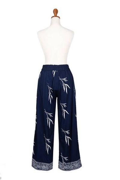 Alternate image for Indonesian Batik Rayon Pants with Floral and Leaf Motifs Midnight Roots