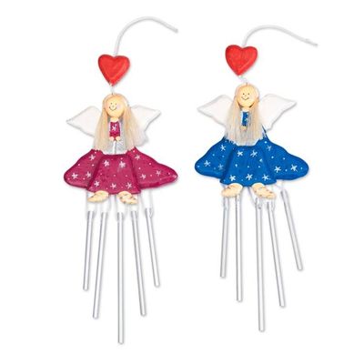 Alternate image for 2 Blue Purple Wood and Natural Fiber Fairy Wind Chimes Smiling Fairies