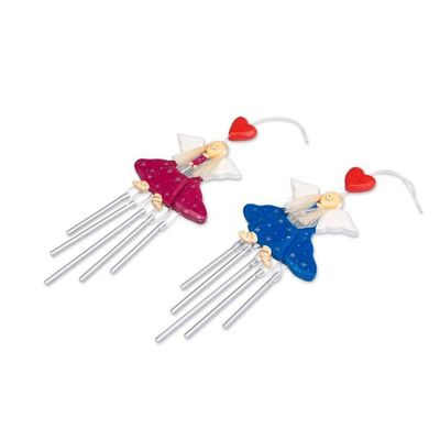 Alternate image for 2 Blue Purple Wood and Natural Fiber Fairy Wind Chimes Smiling Fairies