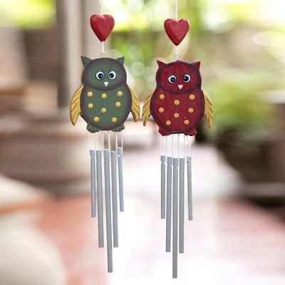 Alternate image for Pair of Owl-Shaped Hand-Carved and Painted Wood Wind Chimes Curious Owls