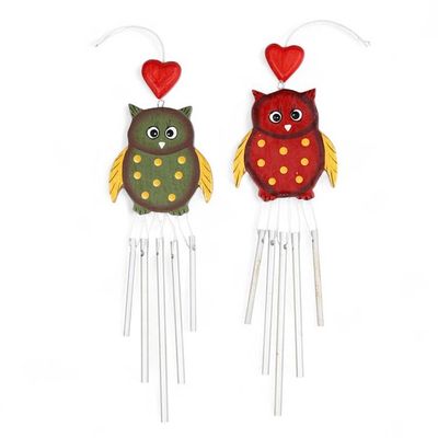 Alternate image for Pair of Owl-Shaped Hand-Carved and Painted Wood Wind Chimes Curious Owls