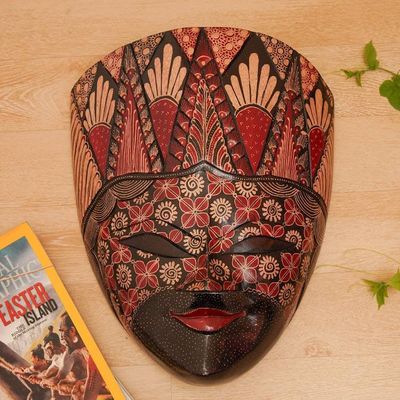 Alternate image for Handcrafted Floral and Leafy Red Batik Pule Wood Mask Prince Panji