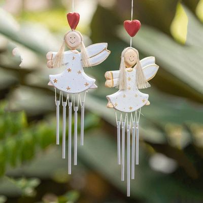 Alternate image for 2 Hand-Painted White and Gold Fairy-Themed Wood Wind Chimes Tiny Stars