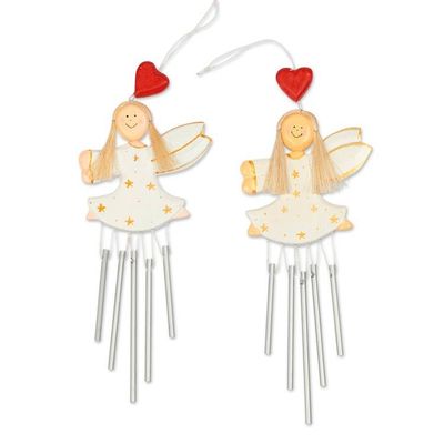 Alternate image for 2 Hand-Painted White and Gold Fairy-Themed Wood Wind Chimes Tiny Stars