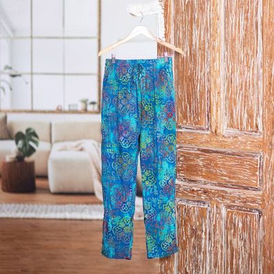 Alternate image for Teal Hand-Stamped and Hand-Dyed Batik Rayon Pants from Bali New Mandala