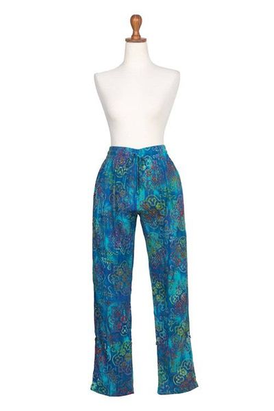 Alternate image for Teal Hand-Stamped and Hand-Dyed Batik Rayon Pants from Bali New Mandala