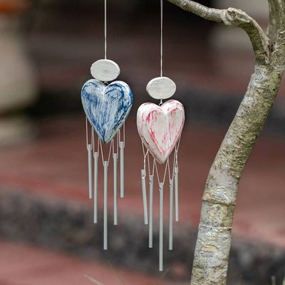 Alternate image for 2 Shabby Chic Hand-Carved and Painted Wood Heart Wind Chimes Heartfelt Melodies
