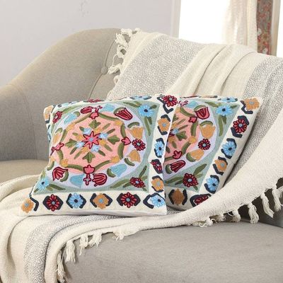 Alternate image for Embroidered Floral Multicolor Cotton Cushion Cover Pair Dream of Blooms