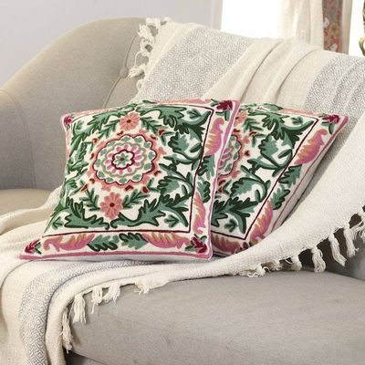 Alternate image for Baroque-Inspired Green and Pink Cotton Cushion Cover Pair Baroque in Rose