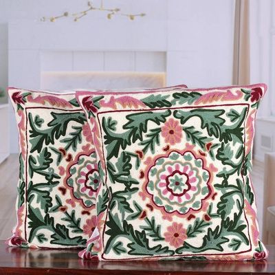Alternate image for Baroque-Inspired Green and Pink Cotton Cushion Cover Pair Baroque in Rose