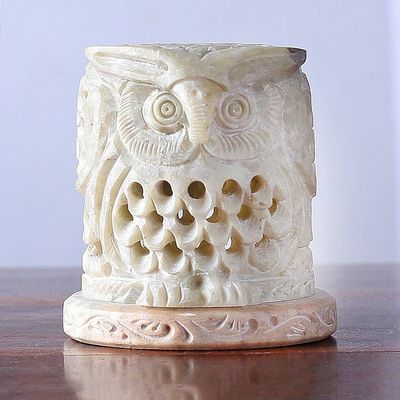 Alternate image for Hand Carved Soapstone Owl Tealight Candle Holder Up Owl Night