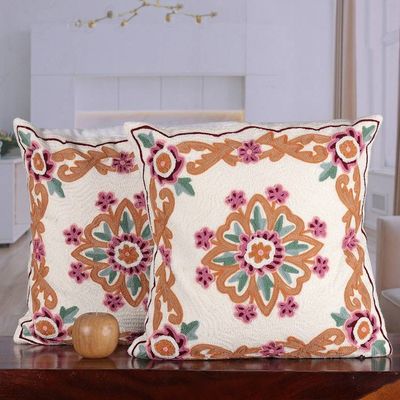Alternate image for Indian-Made Floral Embroidered Cotton Cushion Cover Pair Sweet Classic