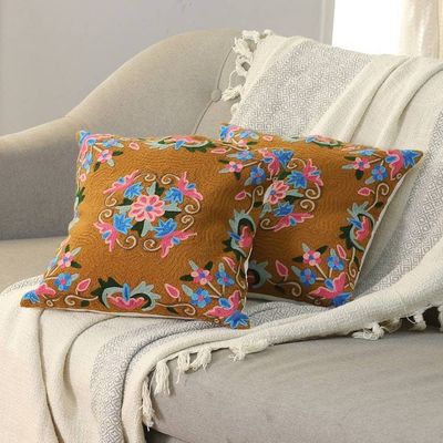 Alternate image for Classic Floral Brown and Pink Cotton Cushion Cover Pair Gentle Bouquet