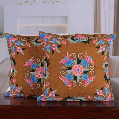 Alternate image for Classic Floral Brown and Pink Cotton Cushion Cover Pair Gentle Bouquet