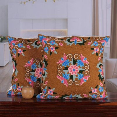 Alternate image for Classic Floral Brown and Pink Cotton Cushion Cover Pair Gentle Bouquet