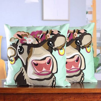 Alternate image for Whimsical Cow-Themed Embroidered Cotton Cushion Cover Pair Whimsical Moo