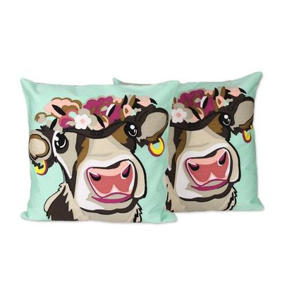 Alternate image for Whimsical Cow-Themed Embroidered Cotton Cushion Cover Pair Whimsical Moo
