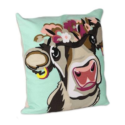 Alternate image for Whimsical Cow-Themed Embroidered Cotton Cushion Cover Pair Whimsical Moo