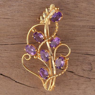 Alternate image for 22k Gold Plated 7 Carat Amethyst Handcrafted Lilac Brooch Golden Lilac