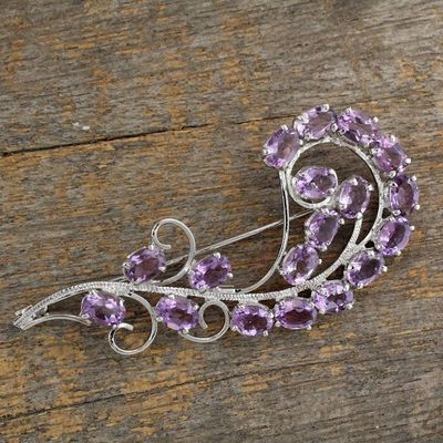 Alternate image for Floral Sterling Silver Amethyst Brooch Pin Indian Jewelry Purple Paisley