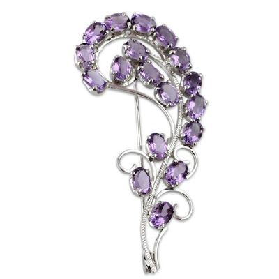 Alternate image for Floral Sterling Silver Amethyst Brooch Pin Indian Jewelry Purple Paisley