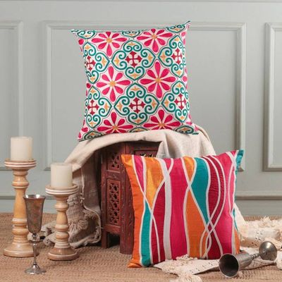 Alternate image for Floral Abstract Embroidered Patchwork Cushion Covers Pair Colorful Connection