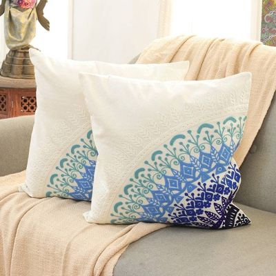 Alternate image for Leafy Blue and Turquoise Mandala Cotton Cushion Cover Pair Divine Orchard