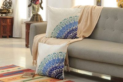 Alternate image for Leafy Blue and Turquoise Mandala Cotton Cushion Cover Pair Divine Orchard