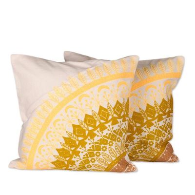 Alternate image for Green and Yellow Leafy Mandala Cotton Cushion Cover Pair Divine Orchard in Spring