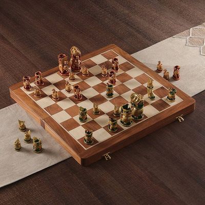 Alternate image for Hand-Painted Red and Green Wood Chess Set from India Challenge of Rajasthan