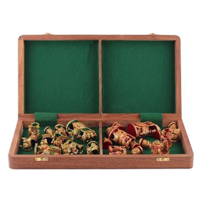 Alternate image for Hand-Painted Red and Green Wood Chess Set from India Challenge of Rajasthan