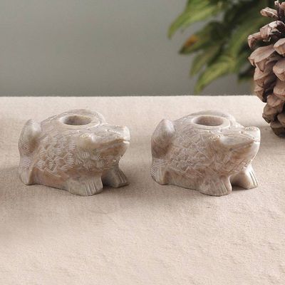 Alternate image for Pair of Frog-Shaped Hand-Carved Soapstone Candle Holders Charming Frogs