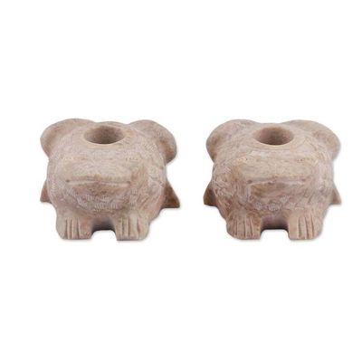 Alternate image for Pair of Frog-Shaped Hand-Carved Soapstone Candle Holders Charming Frogs