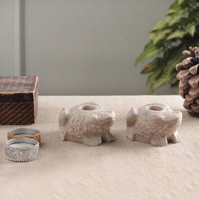 Alternate image for Pair of Frog-Shaped Hand-Carved Soapstone Candle Holders Charming Frogs