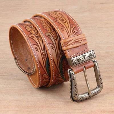 Alternate image for Leaf Motif Mens Leather Belt Royal Garden