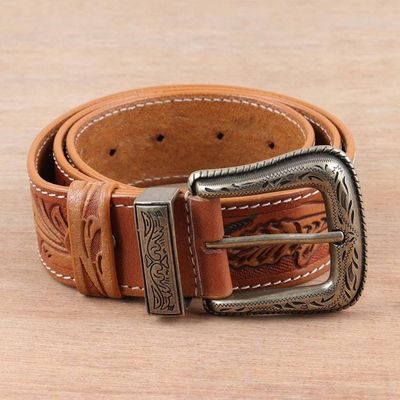 Alternate image for Leaf Motif Mens Leather Belt Royal Garden