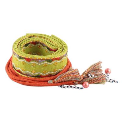 Alternate image for Rayon Embroidered Chartreuse Cotton Belt with Tassels Chartreuse Tassels
