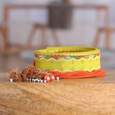 Alternate image for Rayon Embroidered Chartreuse Cotton Belt with Tassels Chartreuse Tassels