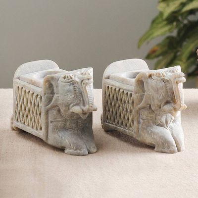 Alternate image for Elephant Openwork Carved Soapstone Tealight Holders Pair Royal Majesty