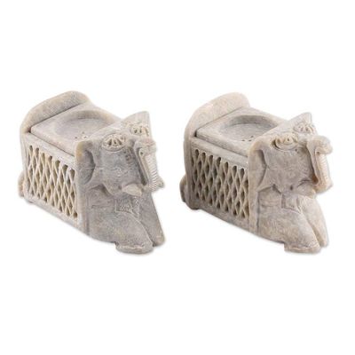 Alternate image for Elephant Openwork Carved Soapstone Tealight Holders Pair Royal Majesty