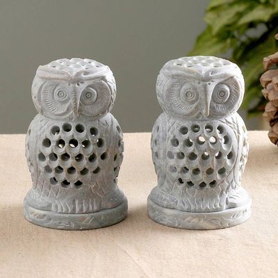 Alternate image for 2 Owl-Shaped Openwork Hand-Carved Soapstone Tealight Holders Lucky Owls