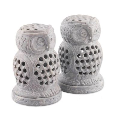 Alternate image for 2 Owl-Shaped Openwork Hand-Carved Soapstone Tealight Holders Lucky Owls