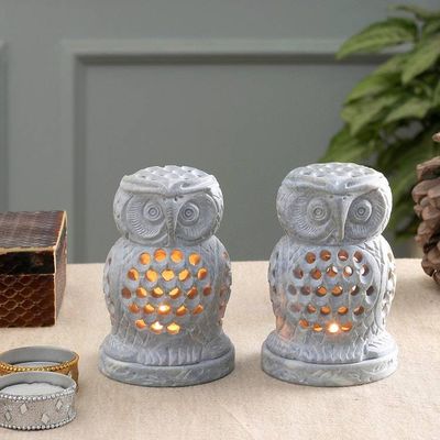 Alternate image for 2 Owl-Shaped Openwork Hand-Carved Soapstone Tealight Holders Lucky Owls
