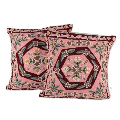 Alternate image for Pink and Burgundy Embroidered Cotton Cushion Cover Pair Woven Whispers