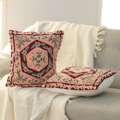 Alternate image for Pink and Burgundy Embroidered Cotton Cushion Cover Pair Woven Whispers